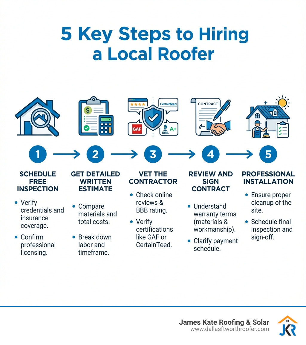 Infographic showing 5 key steps to hiring a local roofer: Step 1 - Schedule Free Inspection (verify credentials and insurance), Step 2 - Get Detailed Written Estimate (compare materials and costs), Step 3 - Vet the Contractor (check reviews, BBB rating, certifications like GAF or CertainTeed), Step 4 - Review and Sign Contract (understand warranty terms for both materials and workmanship), Step 5 - Professional Installation (ensure proper cleanup and final inspection) - roofers near me infographic 