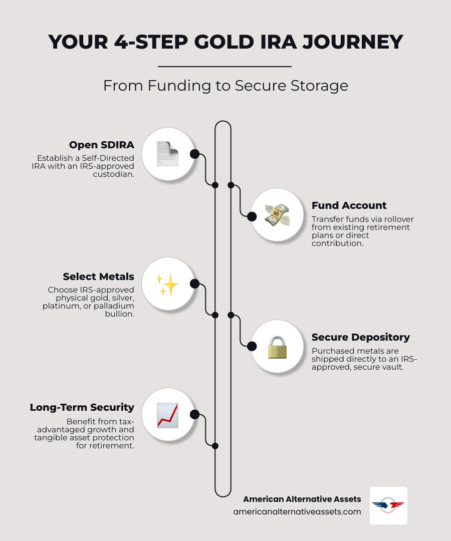 infographic showing the 4-step Gold IRA process: 1. Open a self-directed IRA with an approved custodian, 2. Fund your account through rollover or contribution, 3. Purchase IRS-approved physical gold or silver, 4. Metals shipped directly to secure IRS-approved depository for storage - IRA gold storage infographic infographic-line-5-steps-elegant_beige