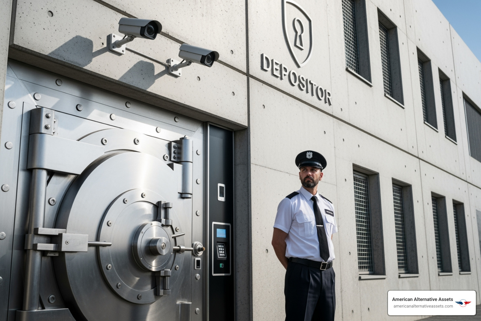 secure depository entrance with guard - IRA gold storage