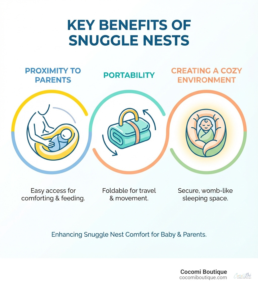 Infographic showing three key benefits of snuggle nests: Proximity to Parents with icon of parent reaching to baby, Portability with icon of folded nest with handle, and Creating a Cozy Environment with icon of enclosed sleeping space - snuggle nest comfort infographic 