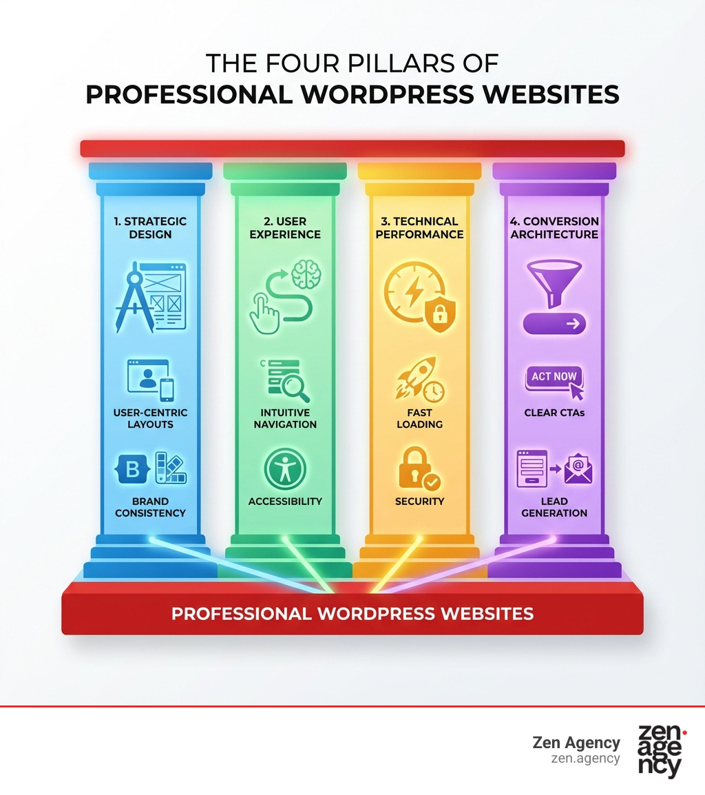 infographic showing four pillars of professional WordPress websites: Strategic Design with user-centric layouts and brand consistency, User Experience with intuitive navigation and accessibility, Technical Performance including fast loading and security, and Conversion Architecture with clear CTAs and lead generation - Professional WordPress websites infographic infographic showing four pillars of professional WordPress websites: Strategic Design with user-centric layouts and brand consistency, User Experience with intuitive navigation and accessibility, Technical Performance including fast loading and security, and Conversion Architecture with clear CTAs and lead generation - Professional WordPress websites infographic