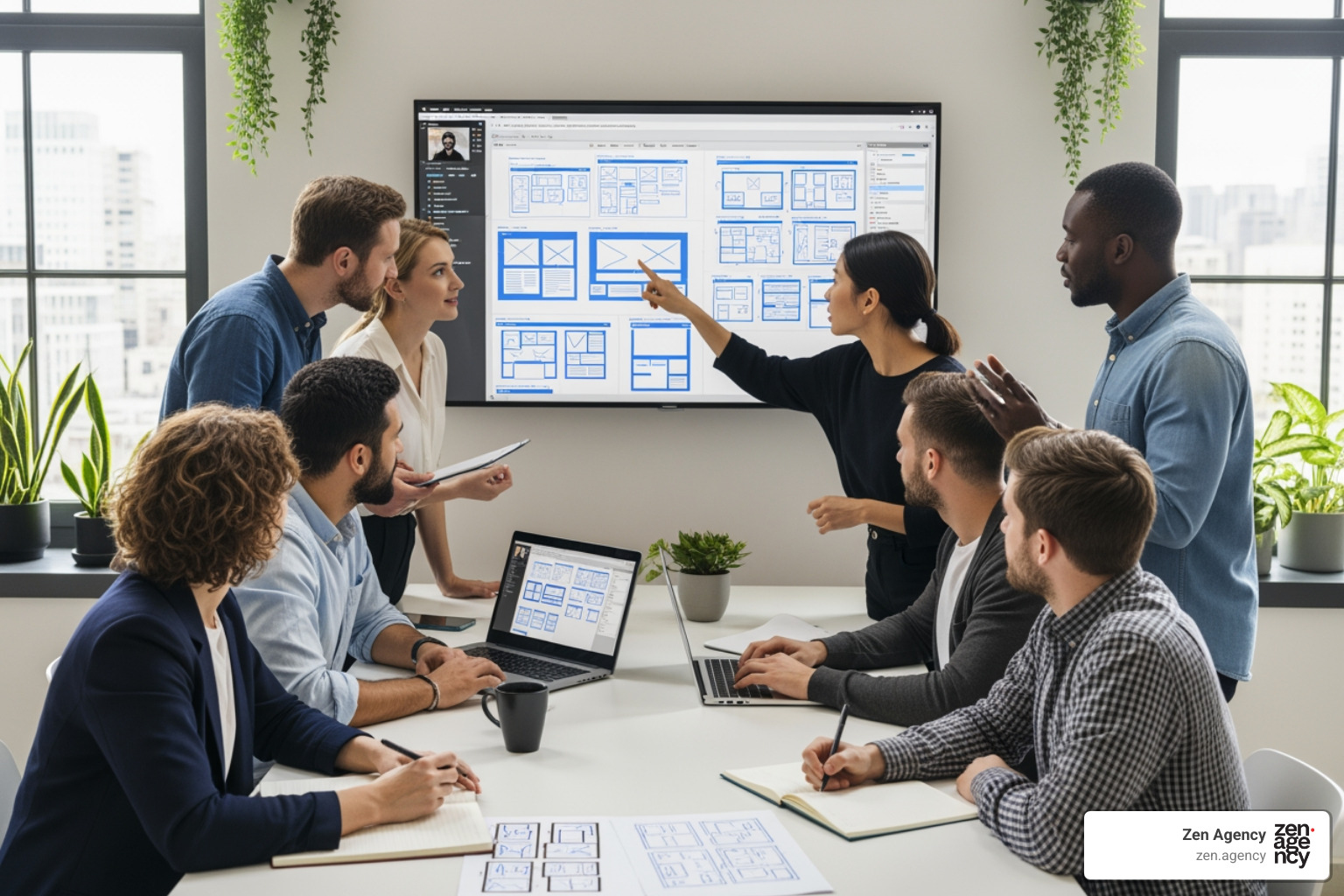 team collaborating on a website wireframe - Best custom web design team collaborating on a website wireframe - Best custom web design