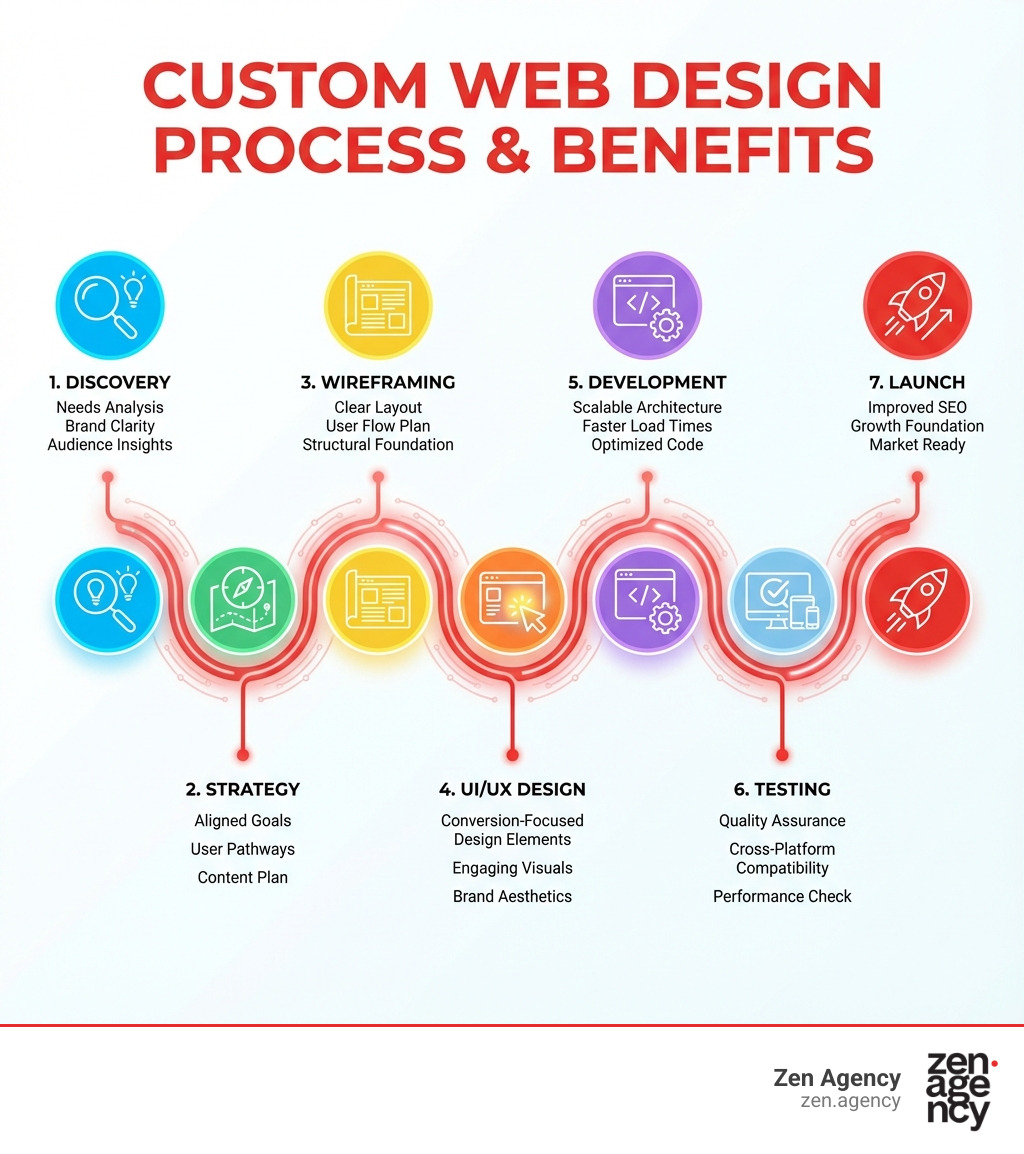 Infographic showing the custom web design process from discovery through strategy, wireframing, UI/UX design, development, testing, and launch, with key benefits listed at each stage including improved SEO, faster load times, scalable architecture, and conversion-focused design elements - Best custom web design infographic Infographic showing the custom web design process from discovery through strategy, wireframing, UI/UX design, development, testing, and launch, with key benefits listed at each stage including improved SEO, faster load times, scalable architecture, and conversion-focused design elements - Best custom web design infographic