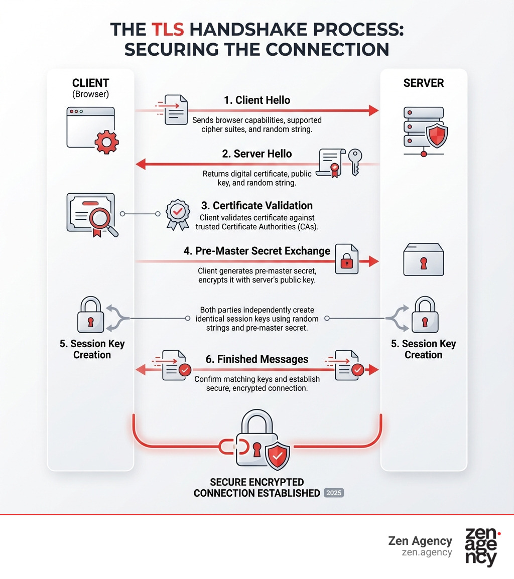 Infographic showing the TLS handshake process: Client Hello sends browser capabilities to server, Server Hello returns certificate and public key, Client validates certificate against trusted CAs, Client generates pre-master secret encrypted with server's public key, Both parties create session keys from random strings and the pre-master secret, Finished messages confirm matching keys and establish encrypted connection - SSL certificate management infographic Infographic showing the TLS handshake process: Client Hello sends browser capabilities to server, Server Hello returns certificate and public key, Client validates certificate against trusted CAs, Client generates pre-master secret encrypted with server's public key, Both parties create session keys from random strings and the pre-master secret, Finished messages confirm matching keys and establish encrypted connection - SSL certificate management infographic