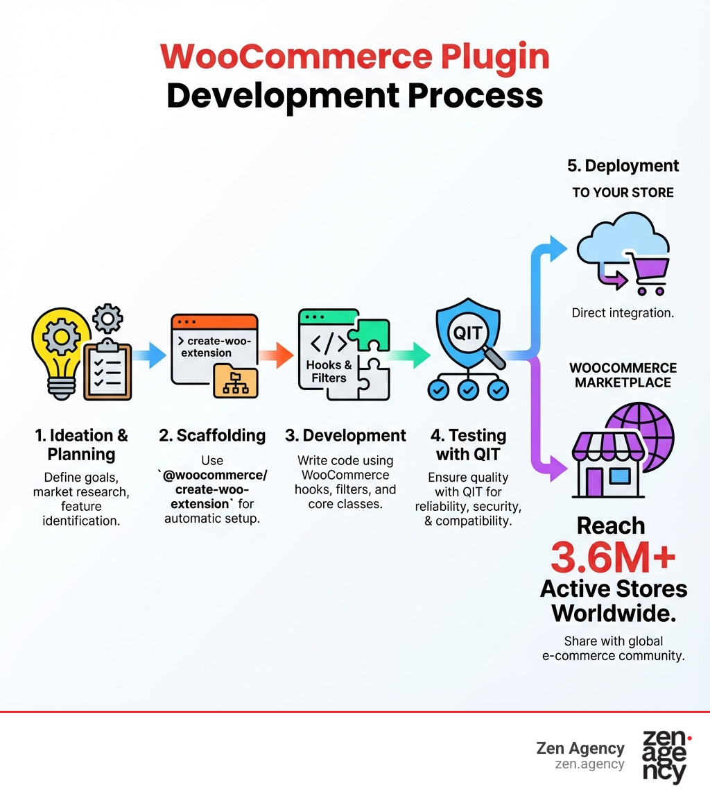 Infographic showing the WooCommerce plugin development process: Starting with ideation and planning, moving through scaffolding with create-woo-extension, development using WooCommerce hooks and filters, testing with QIT for quality assurance, and finally deployment to your store or the WooCommerce Marketplace which reaches 3.6M+ active stores worldwide - woocommerce plugin development infographic Infographic showing the WooCommerce plugin development process: Starting with ideation and planning, moving through scaffolding with create-woo-extension, development using WooCommerce hooks and filters, testing with QIT for quality assurance, and finally deployment to your store or the WooCommerce Marketplace which reaches 3.6M+ active stores worldwide - woocommerce plugin development infographic