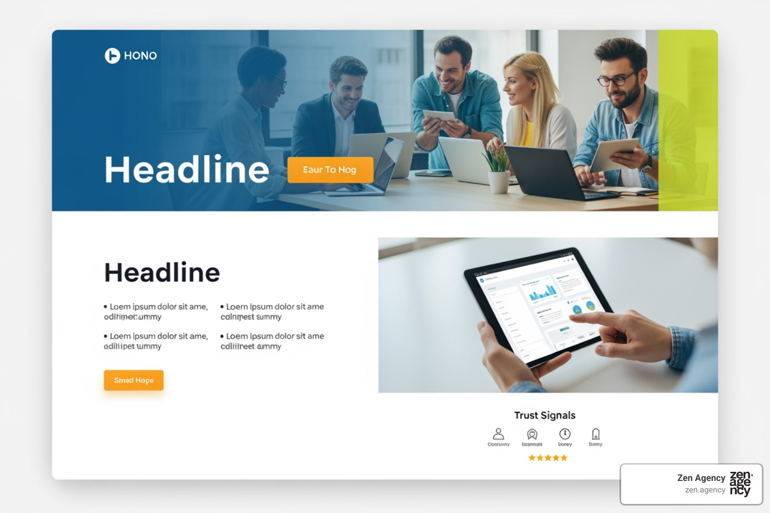 An image of a well-designed landing page with clear sections. Key elements are highlighted: a prominent, benefit-driven headline, a clear call-to-action button in a contrasting color, concise body copy focusing on user benefits, relevant and high-quality imagery, and subtle trust signals like small logos or review snippets. - cro best practices An image of a well-designed landing page with clear sections. Key elements are highlighted: a prominent, benefit-driven headline, a clear call-to-action button in a contrasting color, concise body copy focusing on user benefits, relevant and high-quality imagery, and subtle trust signals like small logos or review snippets. - cro best practices