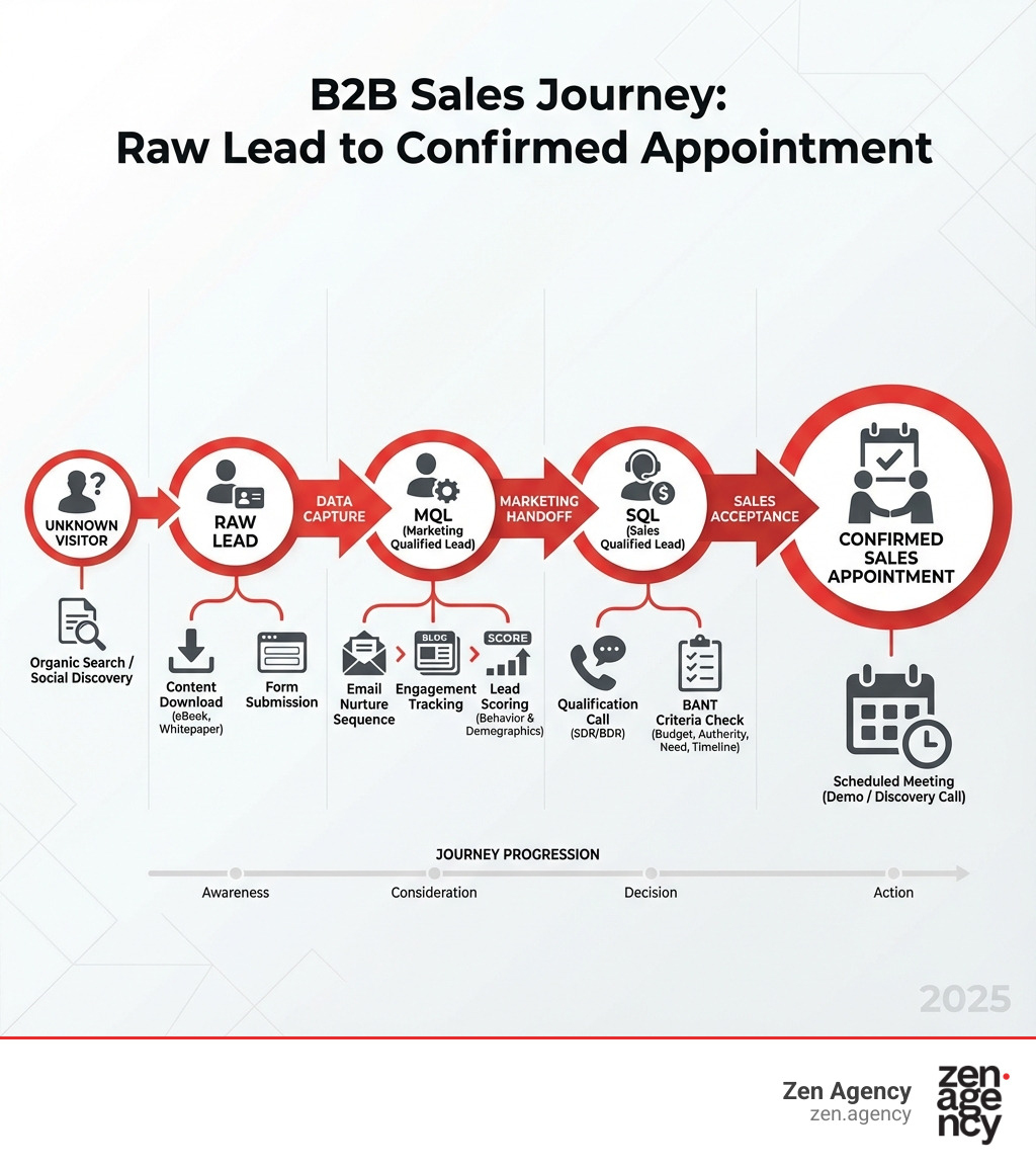 Infographic showing the journey from a raw lead through qualification stages (MQL, SQL) to a confirmed sales appointment, with key touchpoints like content download, email nurture, qualification call, and scheduled meeting - b2b lead generation and appointment setting infographic 