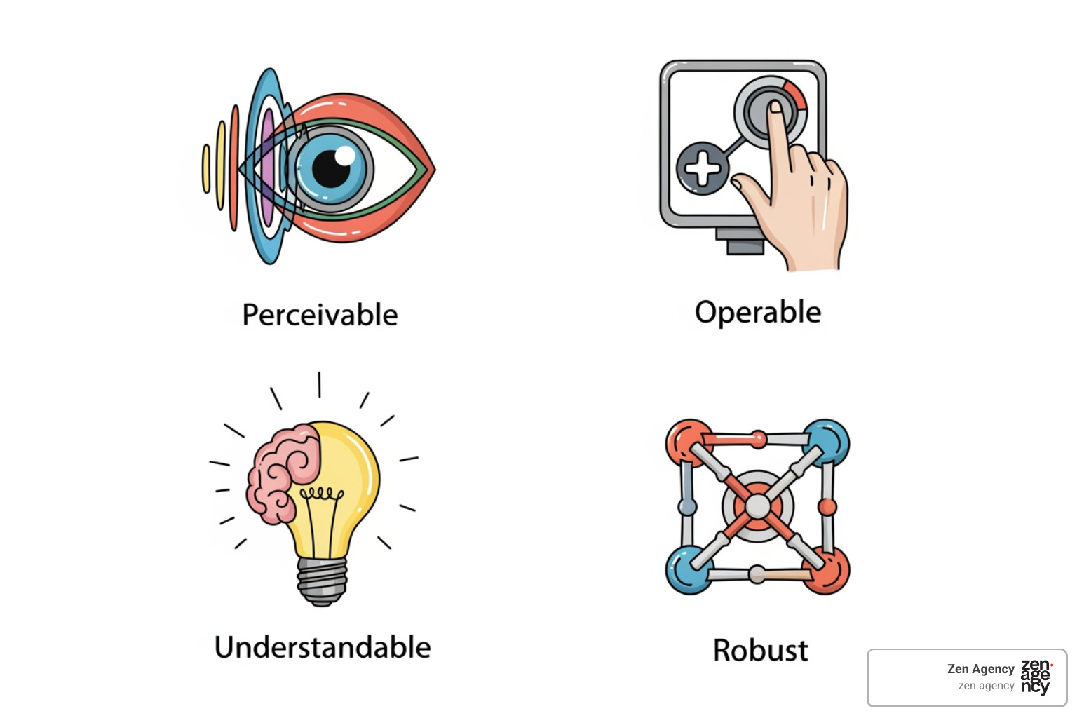 illustration of the four POUR principles of WCAG: Perceivable, Operable, Understandable, Robust, each with a small icon representing its meaning - ada standards for websites illustration of the four POUR principles of WCAG: Perceivable, Operable, Understandable, Robust, each with a small icon representing its meaning - ada standards for websites