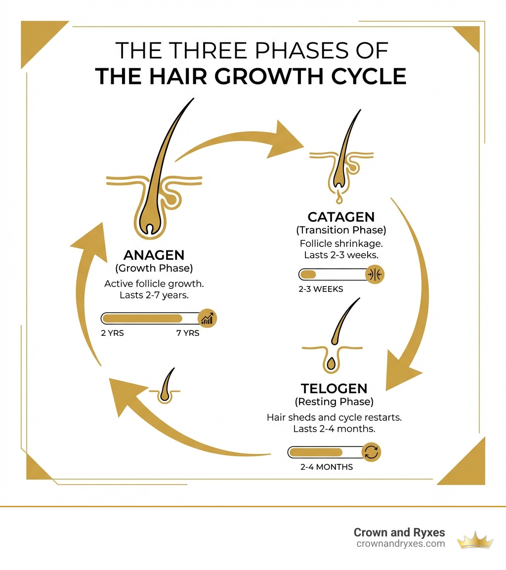 infographic showing the three phases of hair growth cycle: Anagen growth phase lasting 2-7 years with active follicle growth, Catagen transition phase lasting 2-3 weeks with follicle shrinkage, and Telogen resting phase lasting 2-4 months before hair sheds and cycle restarts - best way regrow hair infographic infographic showing the three phases of hair growth cycle: Anagen growth phase lasting 2-7 years with active follicle growth, Catagen transition phase lasting 2-3 weeks with follicle shrinkage, and Telogen resting phase lasting 2-4 months before hair sheds and cycle restarts - best way regrow hair infographic