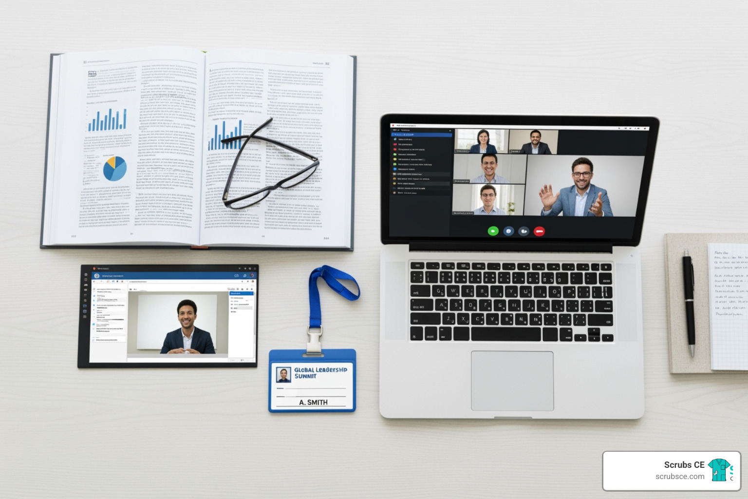 A variety of CE formats including a journal, a laptop displaying a webcast, and a conference badge - ASRT approved CE credits A variety of CE formats including a journal, a laptop displaying a webcast, and a conference badge - ASRT approved CE credits