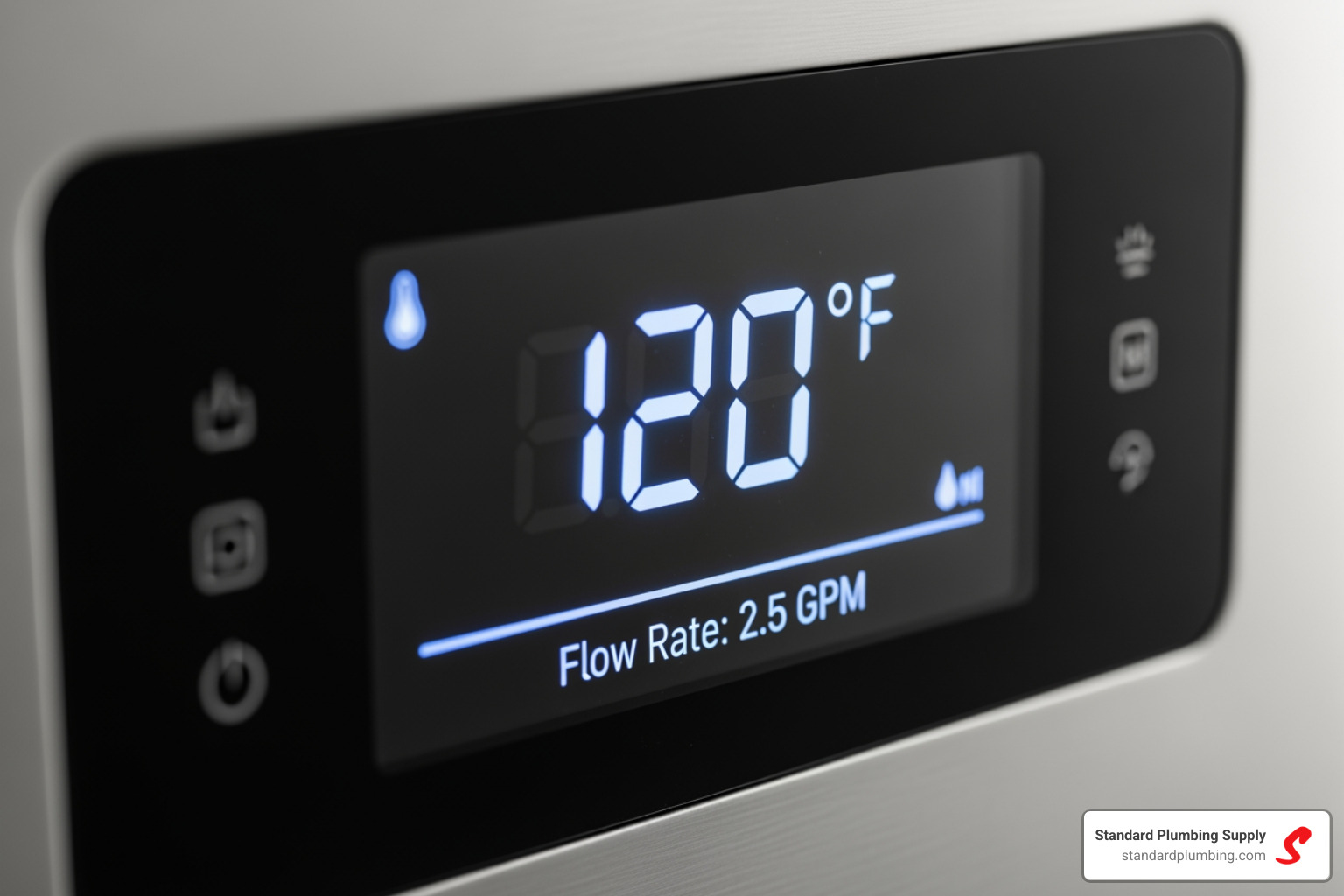 Image of a digital display on a tankless water heater showing temperature and flow - under sink tankless water heater 220v Image of a digital display on a tankless water heater showing temperature and flow - under sink tankless water heater 220v