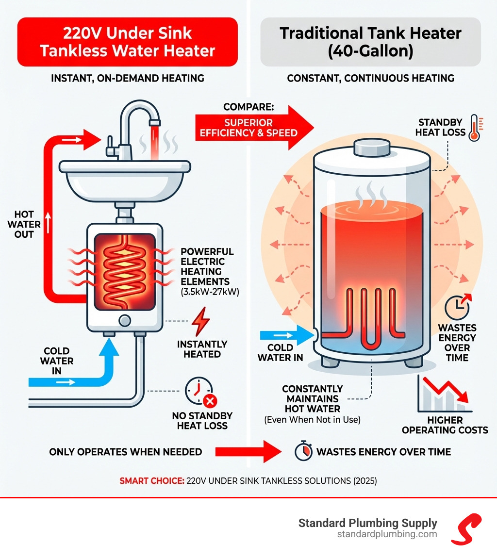 Infographic showing how a 220V under sink tankless water heater works: cold water enters the compact unit mounted under a sink, flows through powerful electric heating elements (3.5kW-27kW), and exits as hot water instantly—compared to a traditional 40-gallon tank heater that constantly maintains hot water even when not in use, wasting energy through standby heat loss - under sink tankless water heater 220v infographic Infographic showing how a 220V under sink tankless water heater works: cold water enters the compact unit mounted under a sink, flows through powerful electric heating elements (3.5kW-27kW), and exits as hot water instantly—compared to a traditional 40-gallon tank heater that constantly maintains hot water even when not in use, wasting energy through standby heat loss - under sink tankless water heater 220v infographic