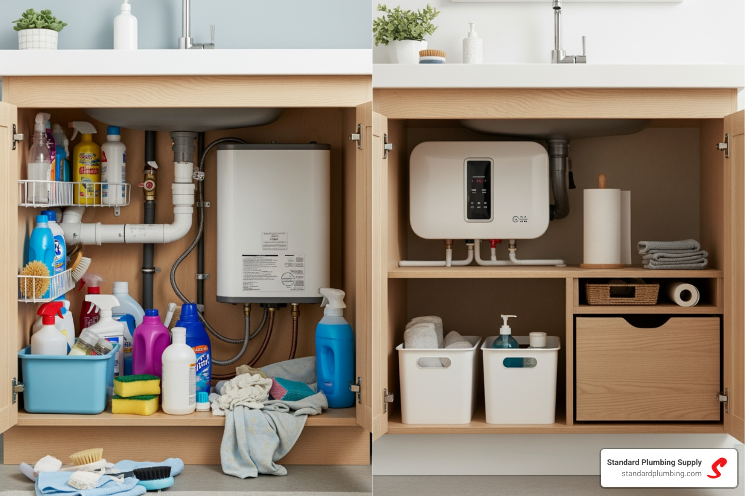Image of a cluttered under-sink cabinet contrasted with a clean cabinet featuring a tankless unit - under sink tankless water heater 220v Image of a cluttered under-sink cabinet contrasted with a clean cabinet featuring a tankless unit - under sink tankless water heater 220v