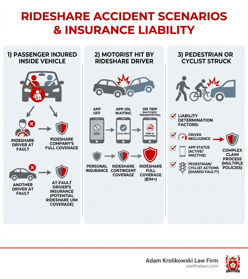 Infographic showing three main rideshare accident scenarios: 1) Passenger injured inside Uber/Lyft vehicle with driver at fault or another driver at fault, 2) Another motorist hit by rideshare driver showing which insurance period applies, 3) Pedestrian or cyclist struck by rideshare vehicle with liability determination factors - rideshare accident lawyer Santa Ana infographic Infographic showing three main rideshare accident scenarios: 1) Passenger injured inside Uber/Lyft vehicle with driver at fault or another driver at fault, 2) Another motorist hit by rideshare driver showing which insurance period applies, 3) Pedestrian or cyclist struck by rideshare vehicle with liability determination factors - rideshare accident lawyer Santa Ana infographic
