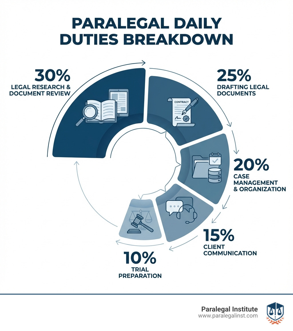 Infographic showing paralegal daily duties breakdown: 30% legal research and document review, 25% drafting legal documents, 20% case management and organization, 15% client communication, 10% trial preparation - what does a paralegal do infographic Infographic showing paralegal daily duties breakdown: 30% legal research and document review, 25% drafting legal documents, 20% case management and organization, 15% client communication, 10% trial preparation - what does a paralegal do infographic