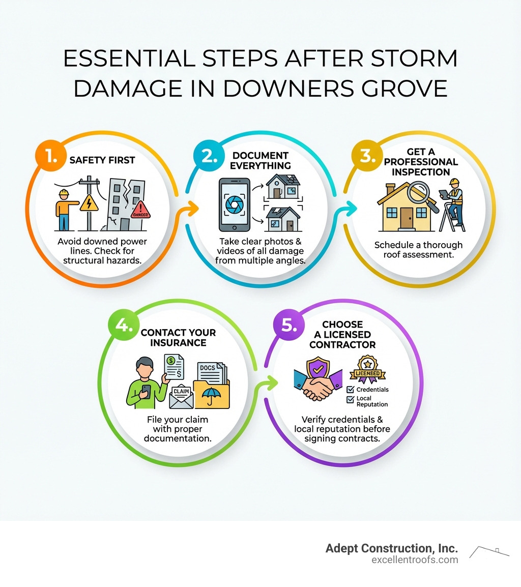 Infographic showing the essential steps after storm damage in Downers Grove: 1. Safety First - avoid downed power lines and check for structural hazards, 2. Document Everything - take clear photos and videos of all damage from multiple angles, 3. Get a Professional Inspection - schedule a thorough roof assessment, 4. Contact Your Insurance - file your claim with proper documentation, 5. Choose a Licensed Contractor - verify credentials and local reputation before signing any contracts - storm damage Downers Grove infographic 