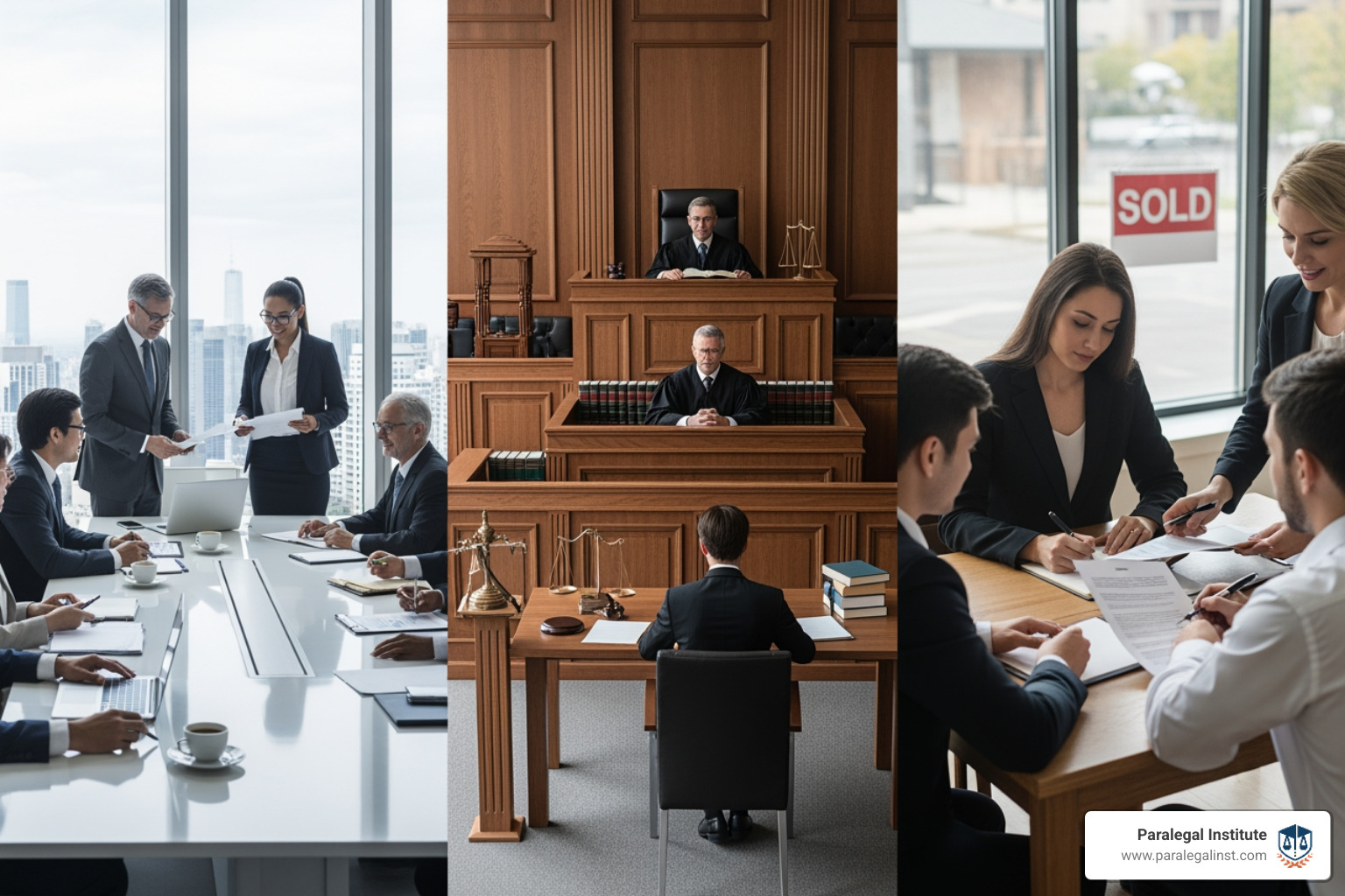 different legal settings collage: a corporate boardroom, a courtroom, and a real estate closing - what does a paralegal do different legal settings collage: a corporate boardroom, a courtroom, and a real estate closing - what does a paralegal do