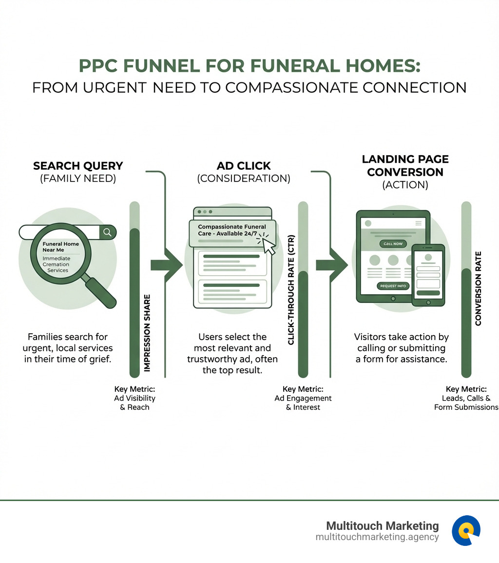 infographic showing the PPC funnel for funeral homes from search query through ad click to landing page conversion with key metrics at each stage - PPC for Funeral Homes infographic infographic showing the PPC funnel for funeral homes from search query through ad click to landing page conversion with key metrics at each stage - PPC for Funeral Homes infographic