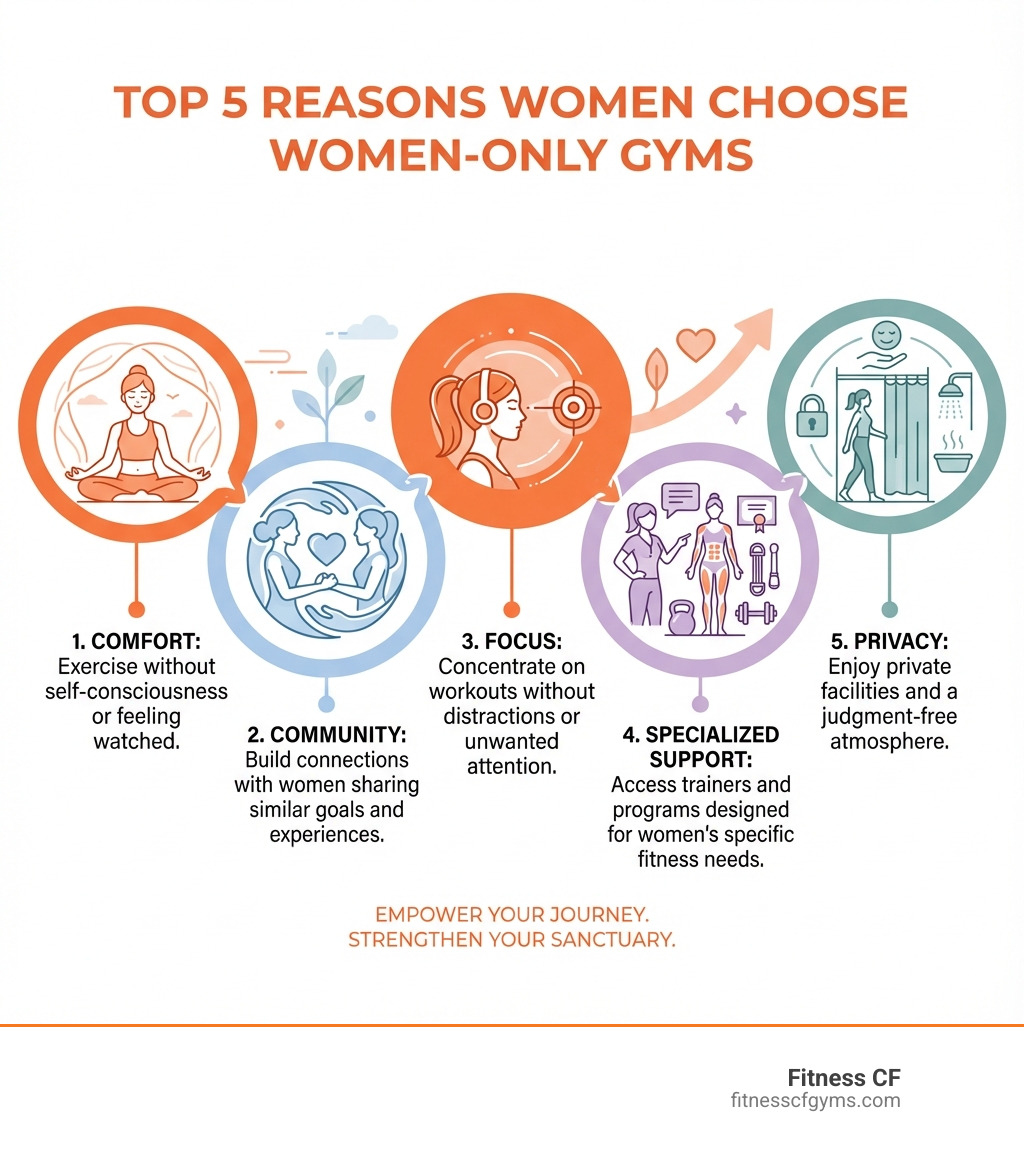 Infographic showing the top 5 reasons women choose women-only gyms: 1. Comfort - Exercise without self-consciousness or feeling watched, 2. Community - Build connections with women sharing similar goals and experiences, 3. Focus - Concentrate on workouts without distractions or unwanted attention, 4. Specialized Support - Access trainers and programs designed for women's specific fitness needs, 5. Privacy - Enjoy private facilities and a judgment-free atmosphere - womens only gyms infographic Infographic showing the top 5 reasons women choose women-only gyms: 1. Comfort - Exercise without self-consciousness or feeling watched, 2. Community - Build connections with women sharing similar goals and experiences, 3. Focus - Concentrate on workouts without distractions or unwanted attention, 4. Specialized Support - Access trainers and programs designed for women's specific fitness needs, 5. Privacy - Enjoy private facilities and a judgment-free atmosphere - womens only gyms infographic