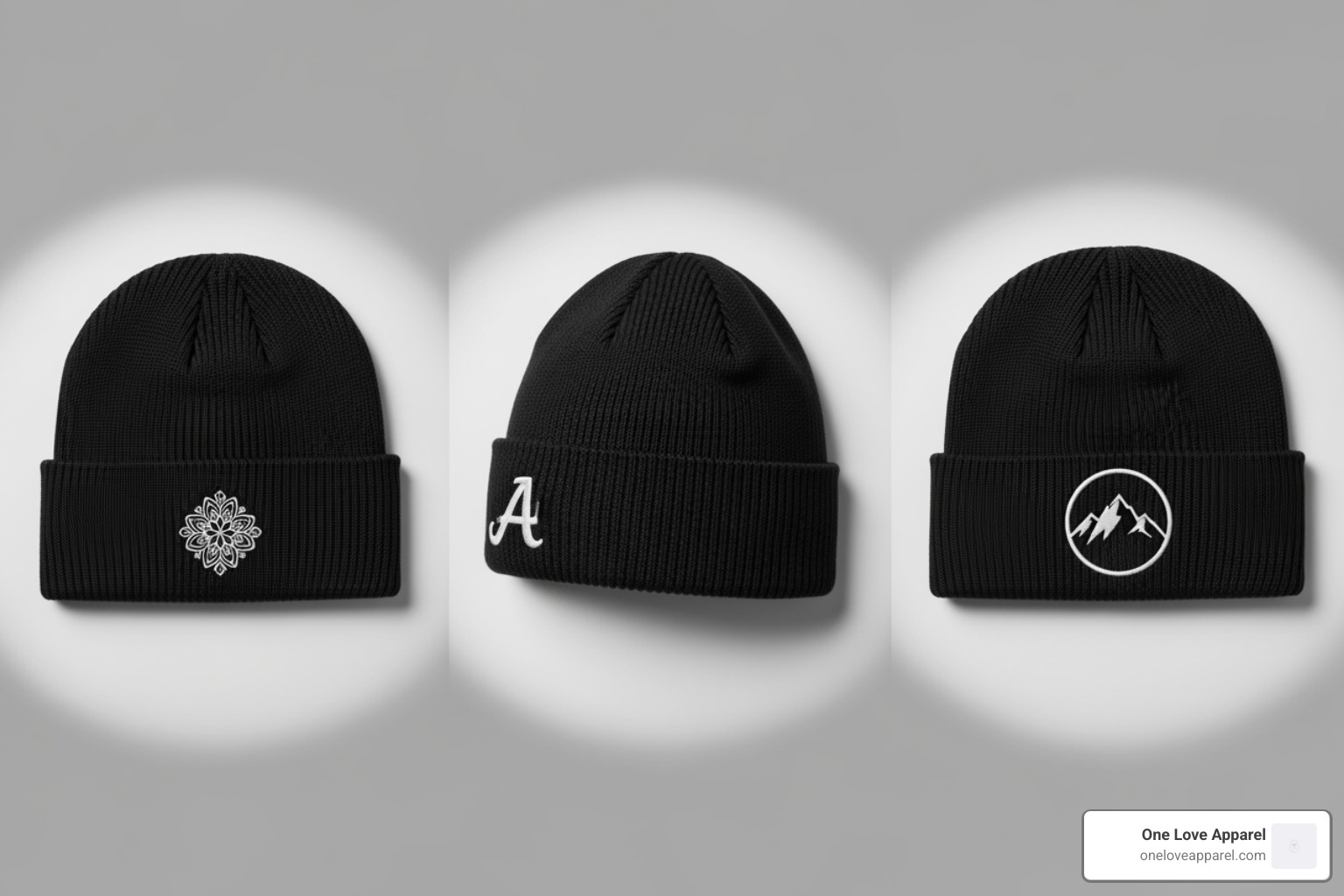 different embroidery placements on a beanie (cuff, side, direct) - custom embroidered beanies