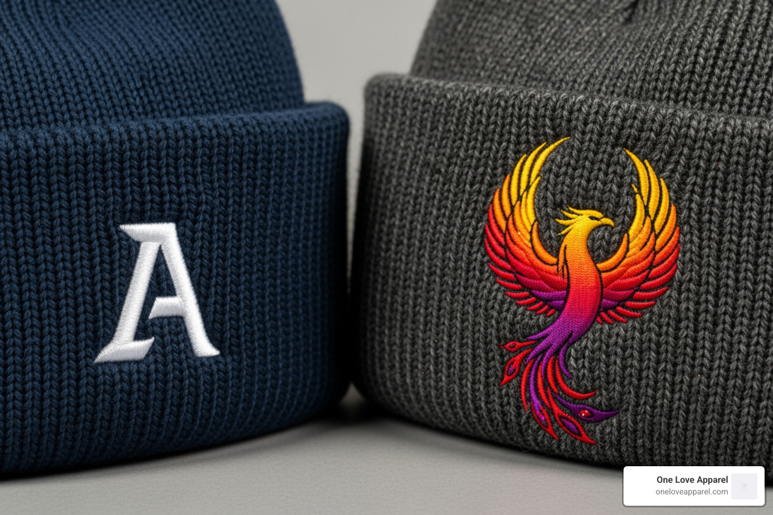 simple logo embroidery vs complex colorful one - custom embroidered beanies