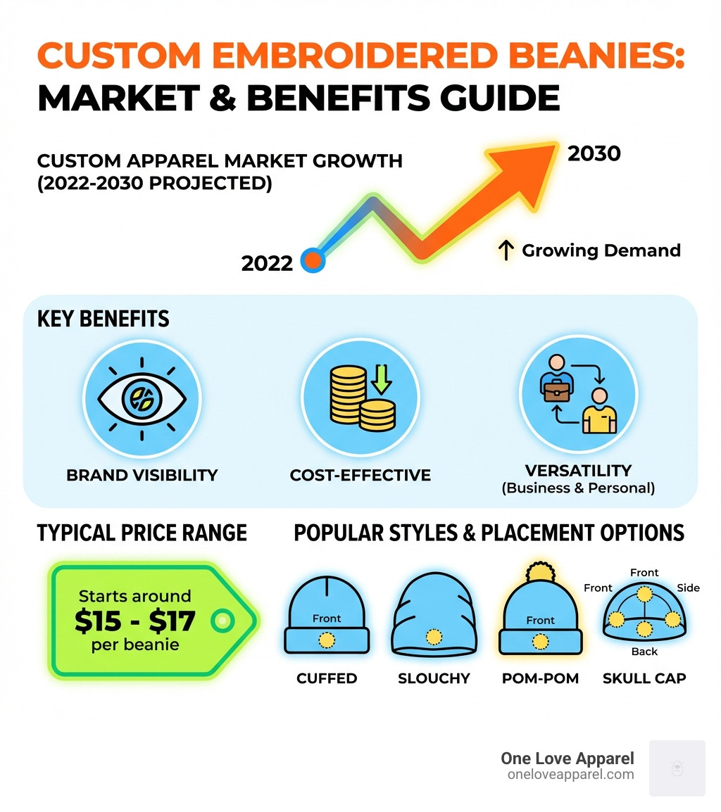 Infographic showing the growth of custom apparel market from 2022 to 2030, key benefits of custom embroidered beanies including brand visibility, cost-effectiveness, versatility for personal and business use, typical price range, and popular beanie styles with embroidery placement options - custom embroidered beanies infographic 
