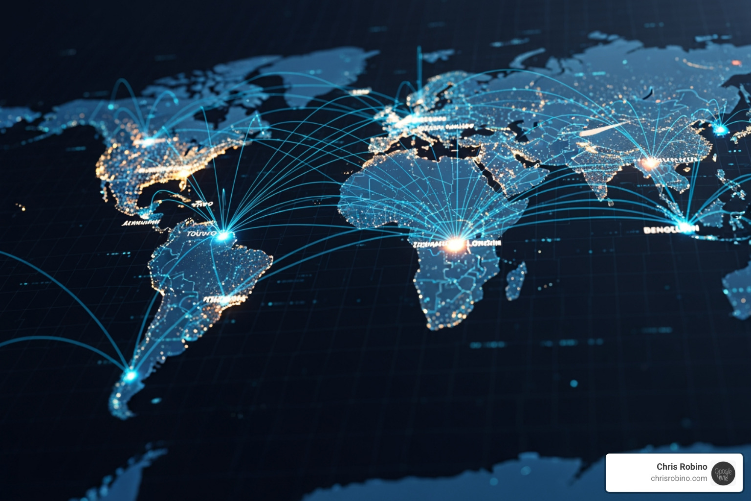World map with interconnected tech hubs - information technology consulting firms