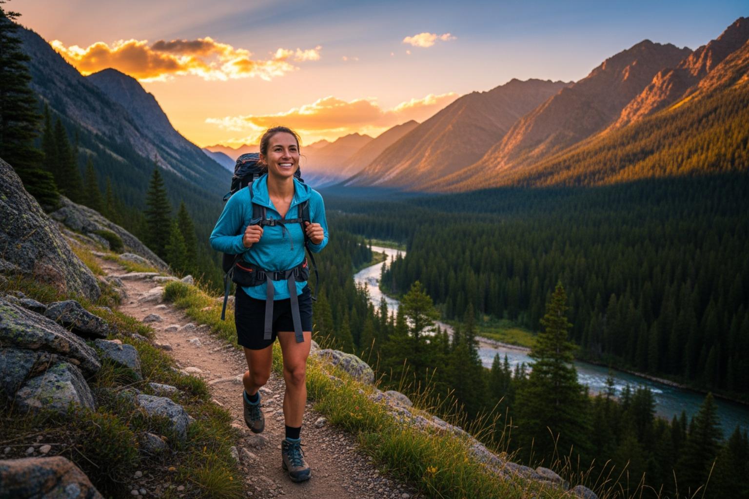 person happily hiking, free from back pain - sore back muscles