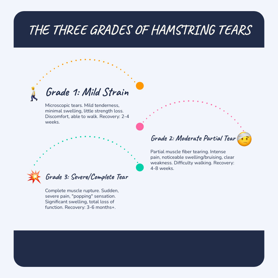 Infographic showing three levels of hamstring tears: Grade 1 with microscopic tears and mild symptoms shown on the left, Grade 2 with partial tear and moderate symptoms in the center, and Grade 3 with complete rupture and severe symptoms on the right, including recovery timelines for each grade - torn hamstring grades infographic infographic-line-3-steps-blues-accent_colors