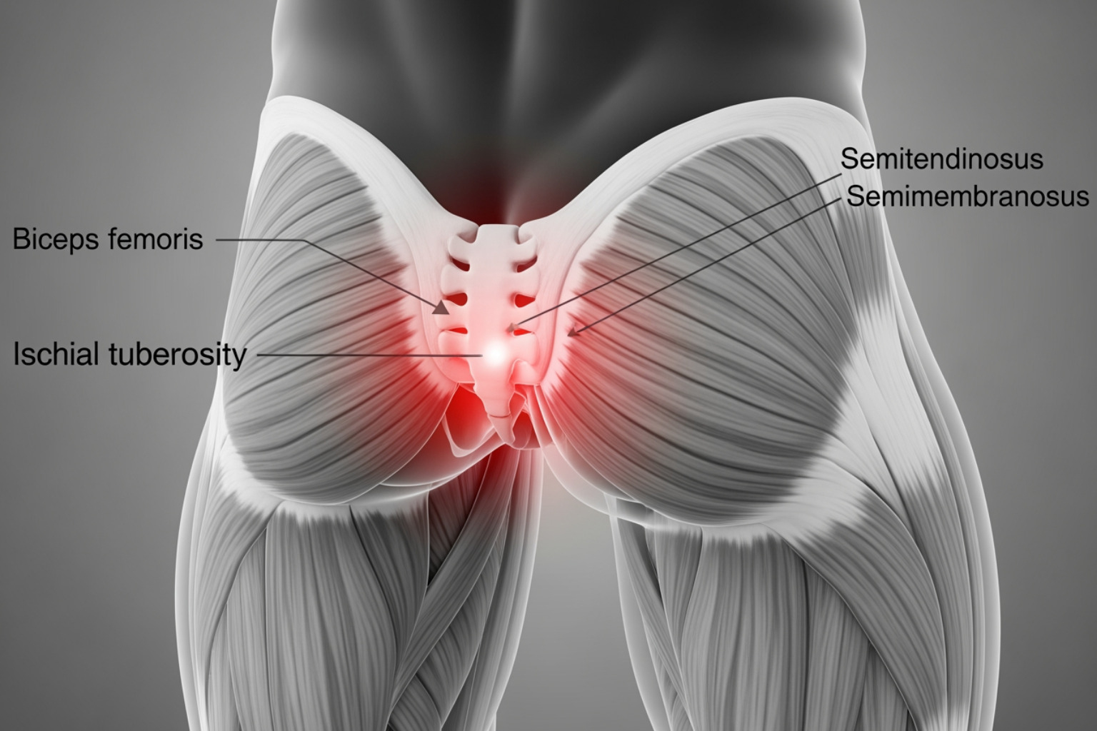 Anatomy image highlighting the location of proximal hamstring tendonitis pain near the "sit bone" - hamstring tendonitis