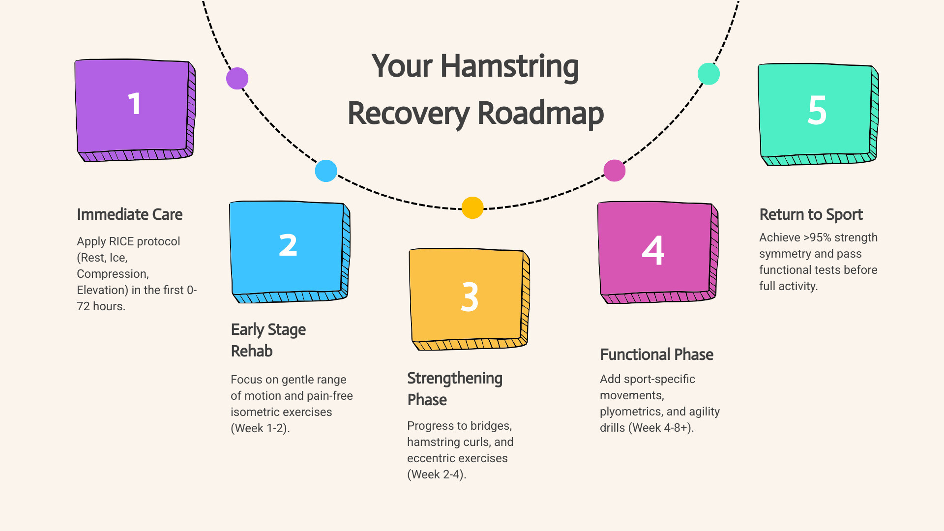 infographic showing hamstring muscle anatomy with biceps femoris, semitendinosus, and semimembranosus labeled, plus visual comparison of Grade 1 mild strain, Grade 2 partial tear, and Grade 3 complete tear with typical recovery timelines - rehabbing a pulled hamstring infographic process-5-steps-informal