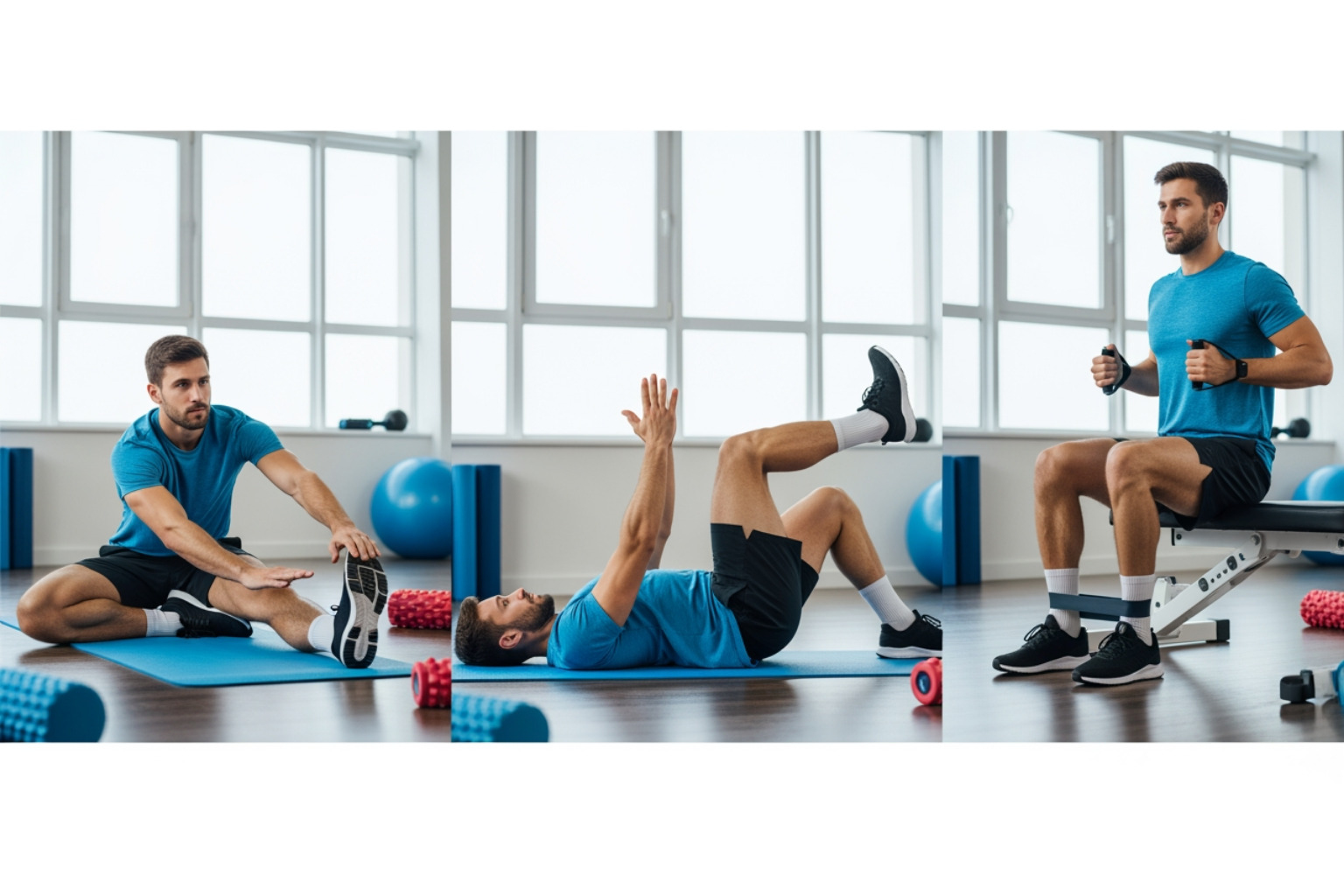 Athlete performing a variety of hamstring rehab exercises - rehabbing a strained hamstring