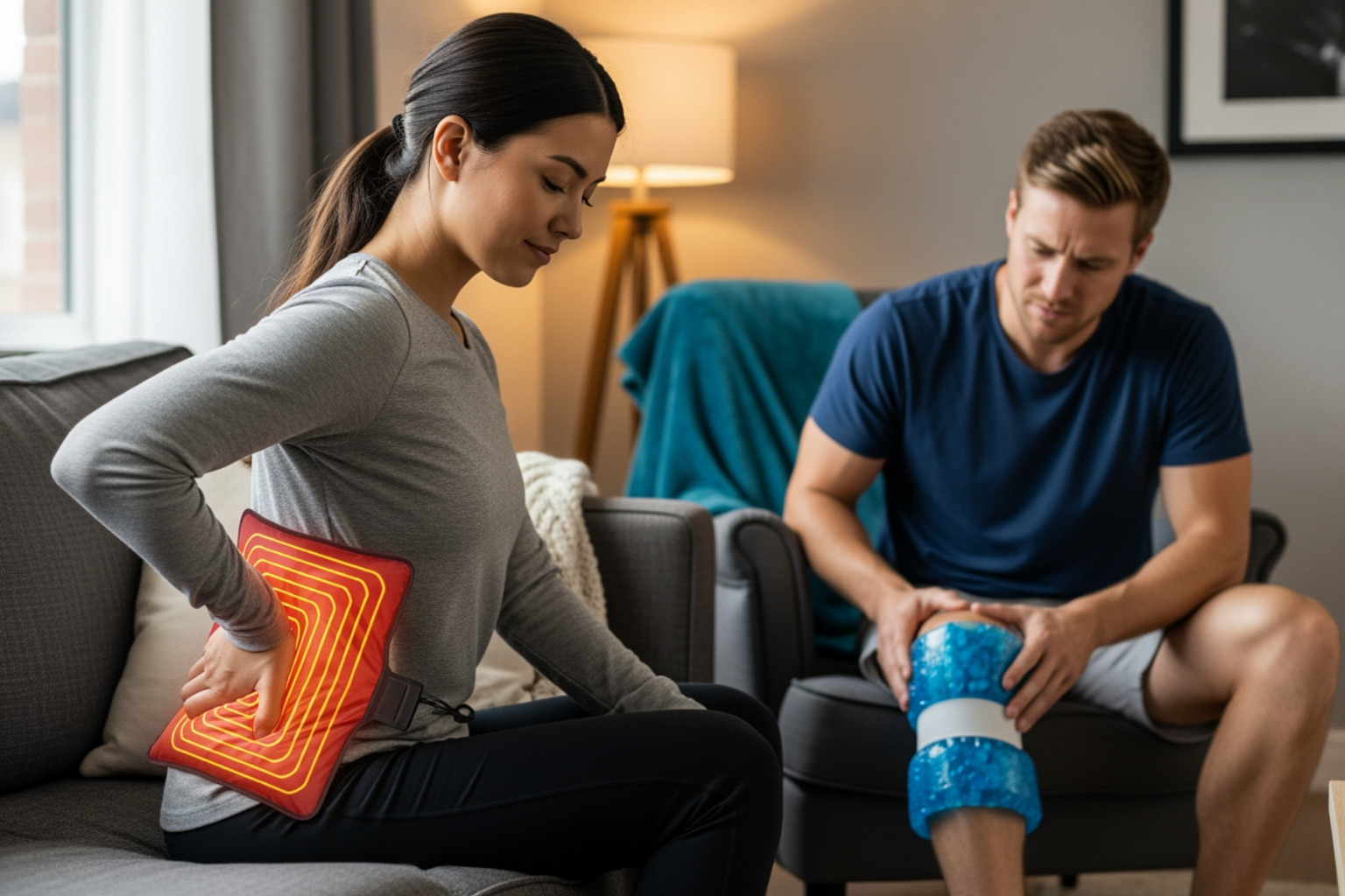 a person using a heat pack on their back and another person using an ice pack on their knee - Muscle pain relief