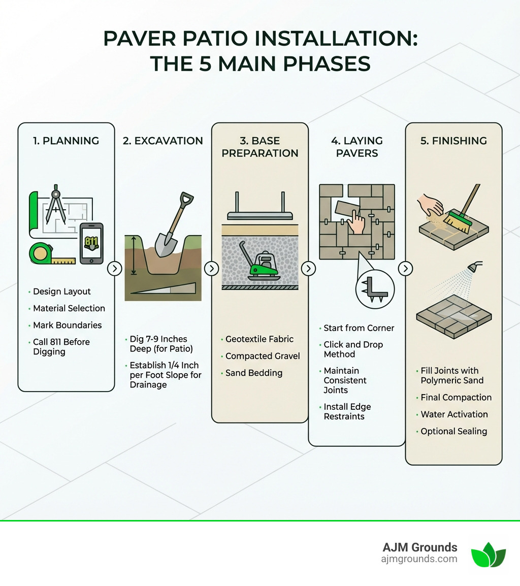 Infographic showing the 5 main phases of paver patio installation: Phase 1 Planning includes design layout, material selection, marking boundaries, and calling 811 before digging. Phase 2 Excavation shows digging 7-9 inches deep with proper slope of 1/4 inch per foot for drainage. Phase 3 Base Preparation displays layers of geotextile fabric, 4-6 inches compacted gravel, and 1-inch sand bedding. Phase 4 Laying Pavers illustrates starting from corner, using click and drop method, maintaining consistent joints, and installing edge restraints. Phase 5 Finishing depicts filling joints with polymeric sand, final compaction, water activation, and optional sealing. - how to install a paver patio step by step infographic 