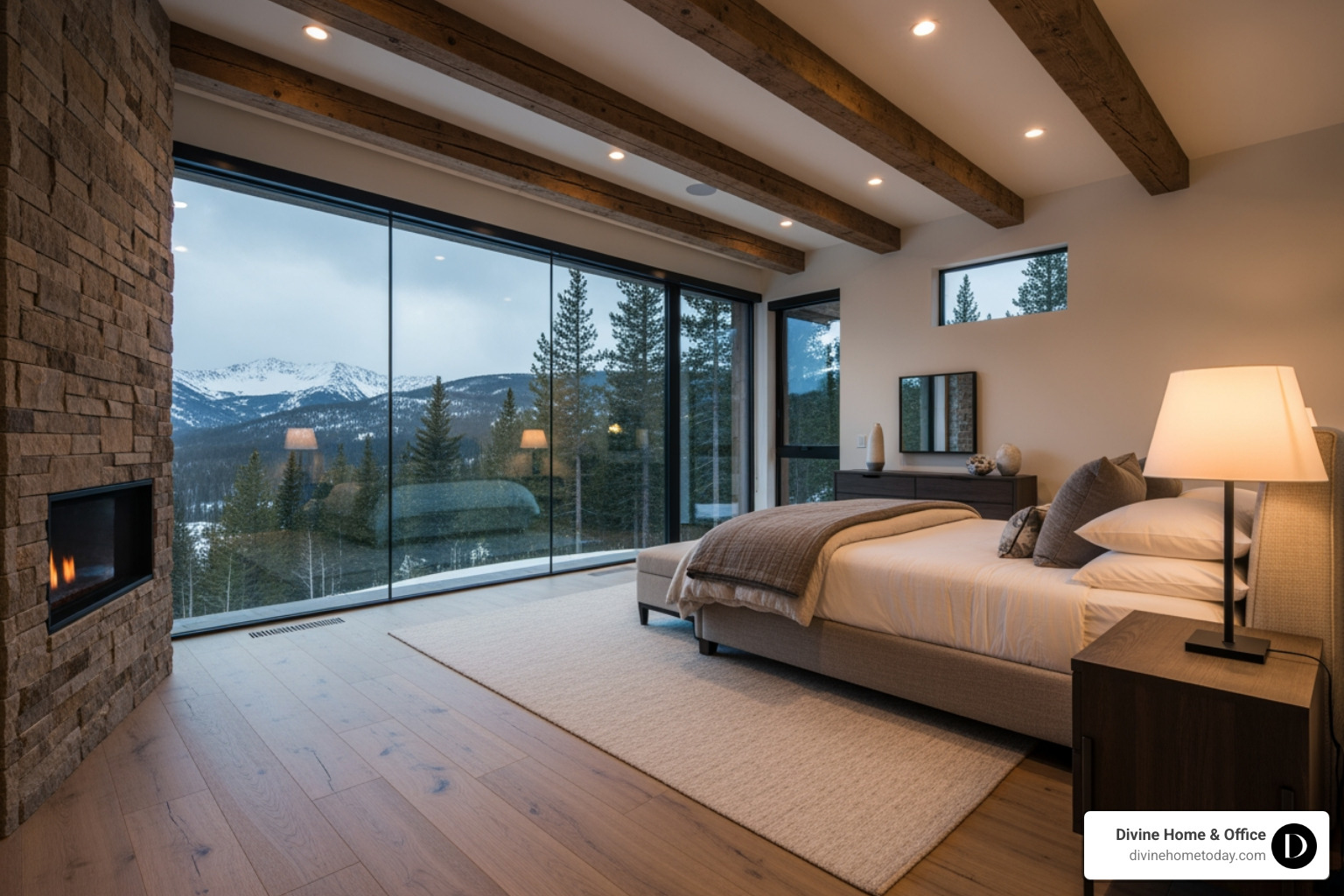 Rustic-modern Colorado luxury bedroom with exposed timber beams, natural fabrics, warm wood tones, large windows with mountain views, soft ambient light, high-end finishes, clean and serene styling, no Victorian or traditional European decor. - interior design packages Rustic-modern Colorado luxury bedroom with exposed timber beams, natural fabrics, warm wood tones, large windows with mountain views, soft ambient light, high-end finishes, clean and serene styling, no Victorian or traditional European decor. - interior design packages