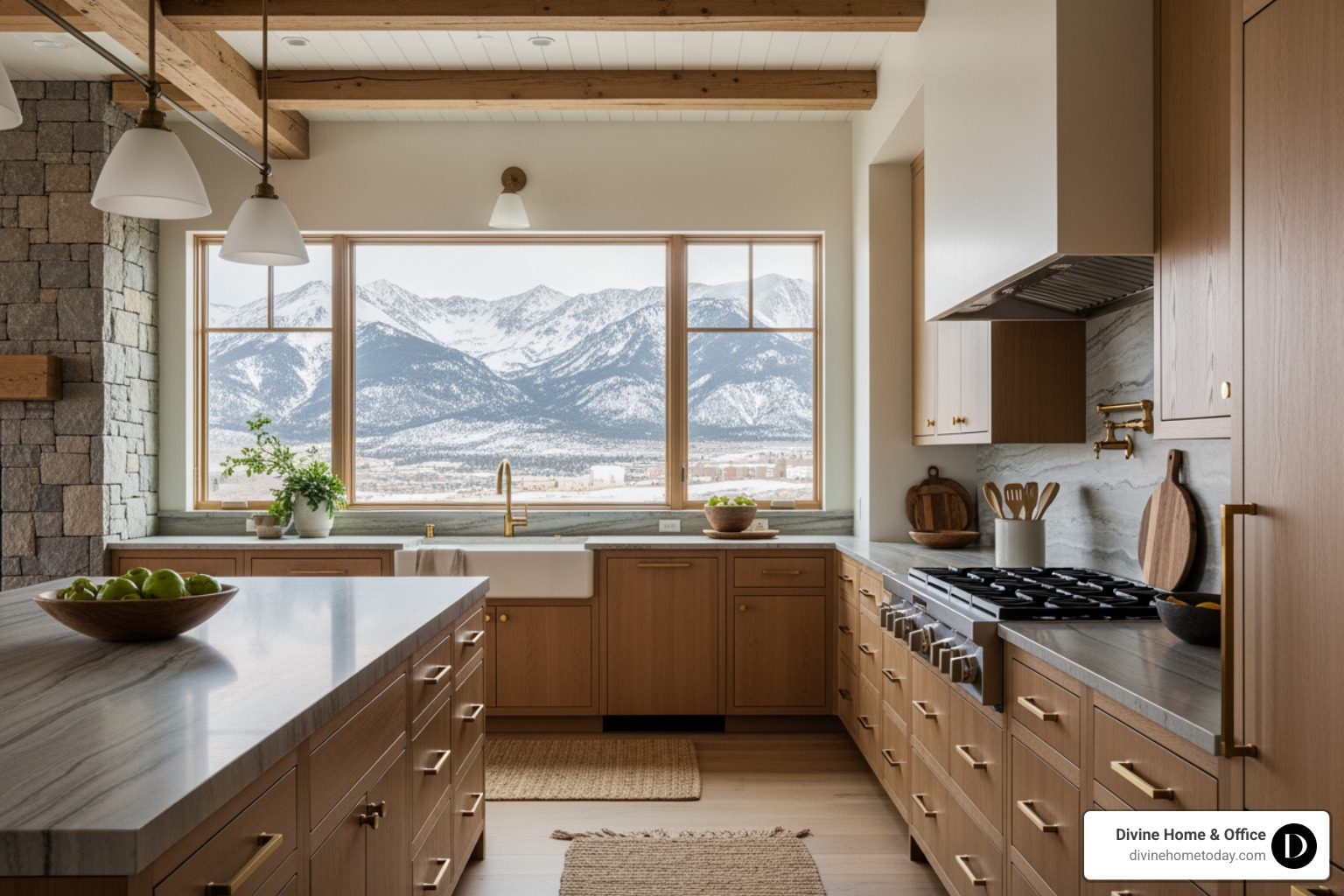 High-end modern mountain kitchen in a million-dollar Denver home, stone countertops, natural wood cabinetry, brass hardware, exposed beams, natural textures, large windows with Colorado mountain views, bright natural lighting, warm neutral palette, no Victorian or traditional elements. - interior design packages High-end modern mountain kitchen in a million-dollar Denver home, stone countertops, natural wood cabinetry, brass hardware, exposed beams, natural textures, large windows with Colorado mountain views, bright natural lighting, warm neutral palette, no Victorian or traditional elements. - interior design packages