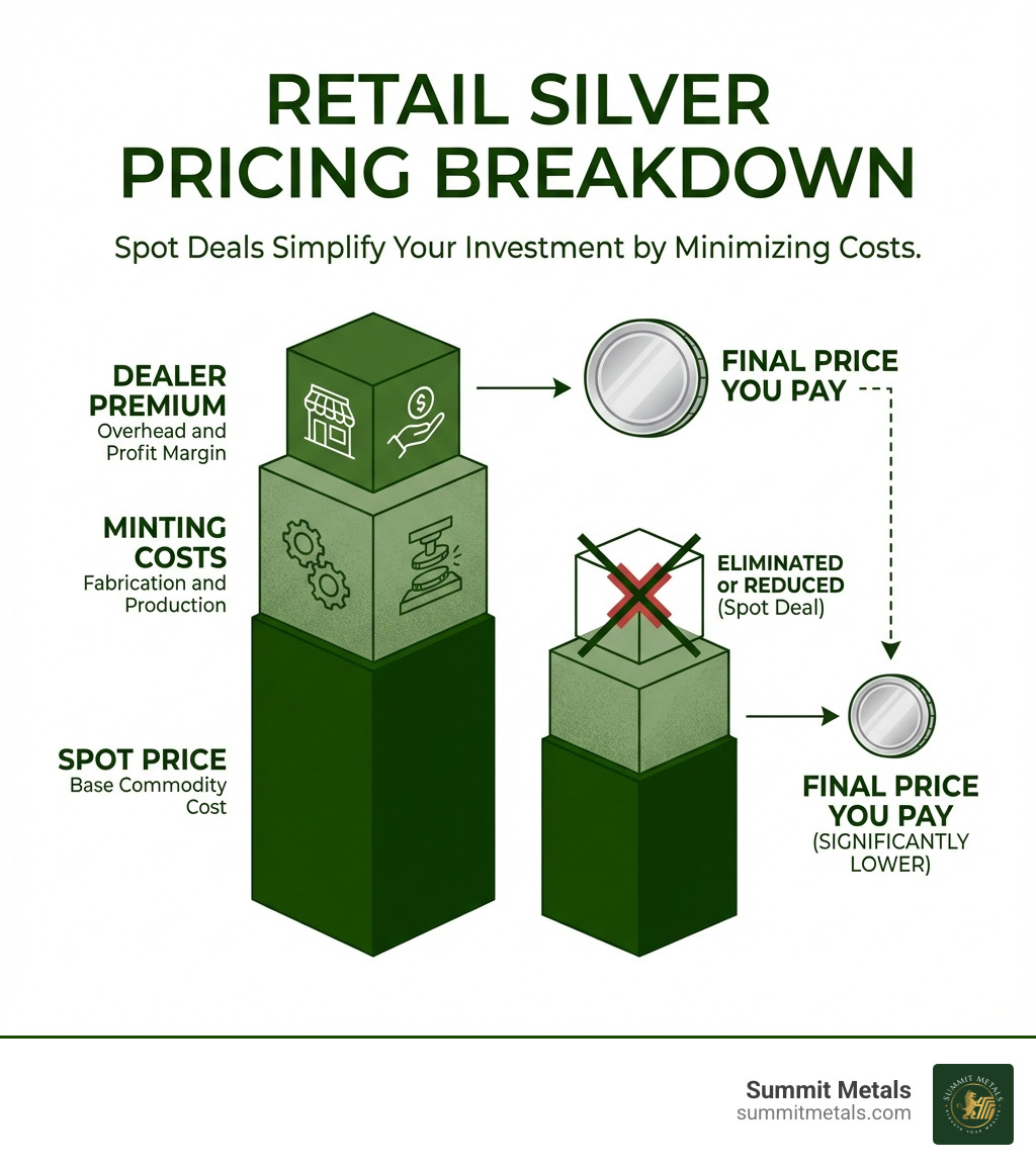 Infographic showing the breakdown of retail silver pricing: Spot Price (base commodity cost) + Minting Costs (fabrication and production) + Dealer Premium (overhead and profit margin) = Final Price You Pay. A spot deal eliminates or reduces the dealer premium component. - buy silver at spot deals infographic 