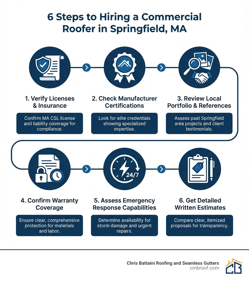 infographic showing steps to hire a commercial roofer including verifying licenses and insurance, checking manufacturer certifications, reviewing local portfolio and references, confirming warranty coverage, assessing emergency response capabilities, and getting detailed written estimates - commercial roofers Springfield MA infographic 