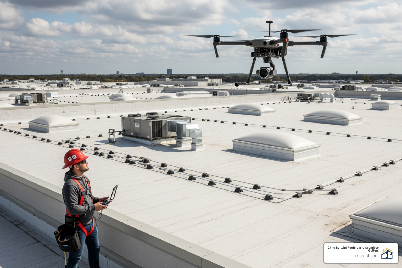 roofer performing detailed roof inspection with a drone - commercial roofers Springfield MA
