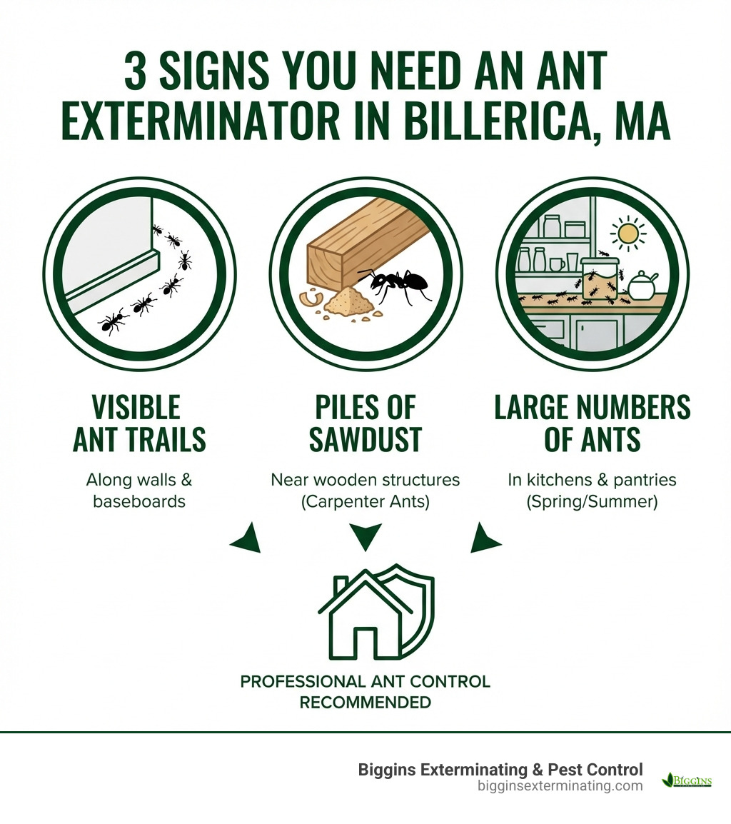 Infographic showing the three main signs you need an ant exterminator in Billerica MA: visible ant trails along walls and baseboards, piles of sawdust or wood shavings near wooden structures indicating carpenter ant activity, and large numbers of ants in kitchens or pantries especially during spring and summer months - ant exterminator Billerica MA infographic 