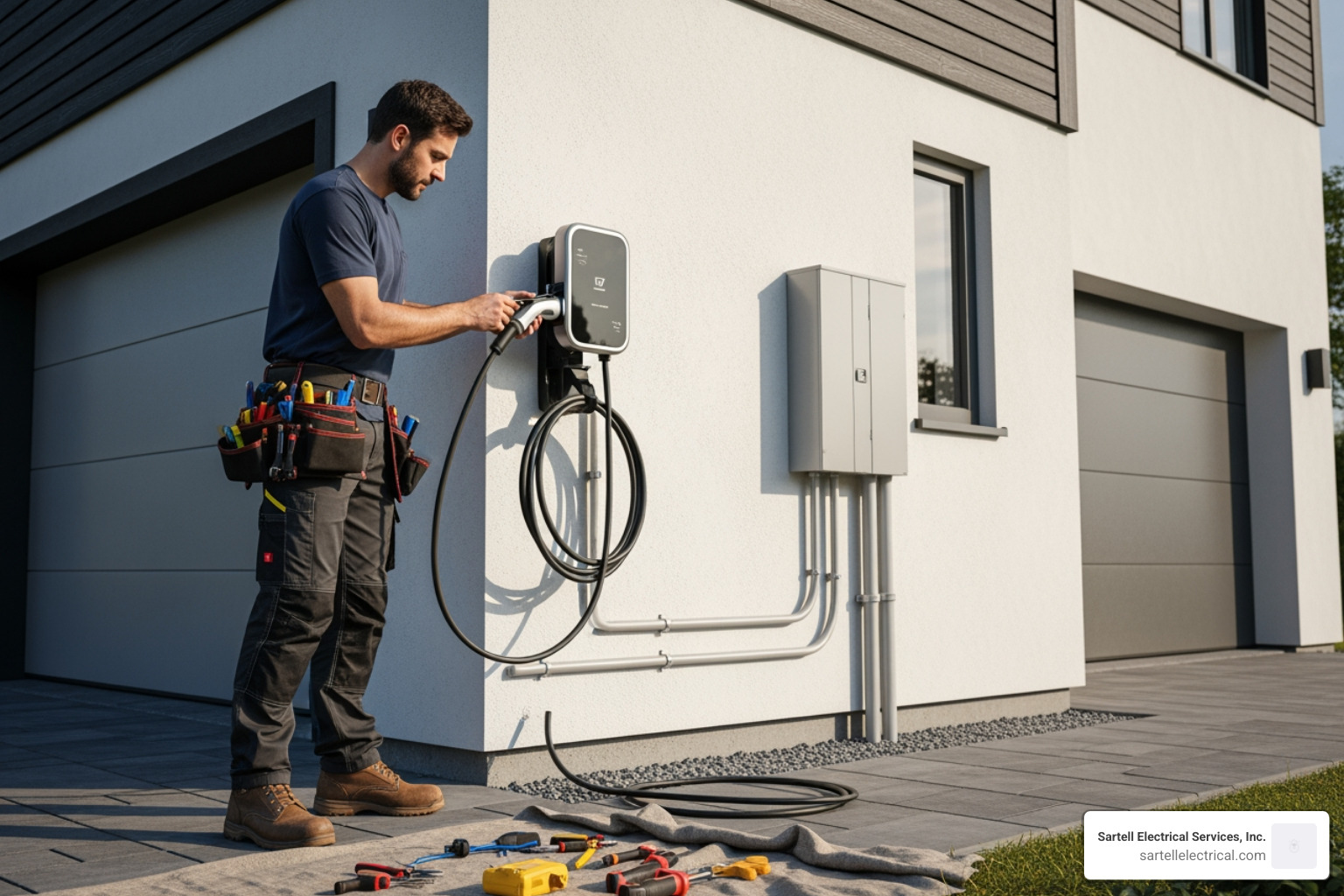 an electrician installing an EV charger on the side of a house - Andover MA electrician an electrician installing an EV charger on the side of a house - Andover MA electrician