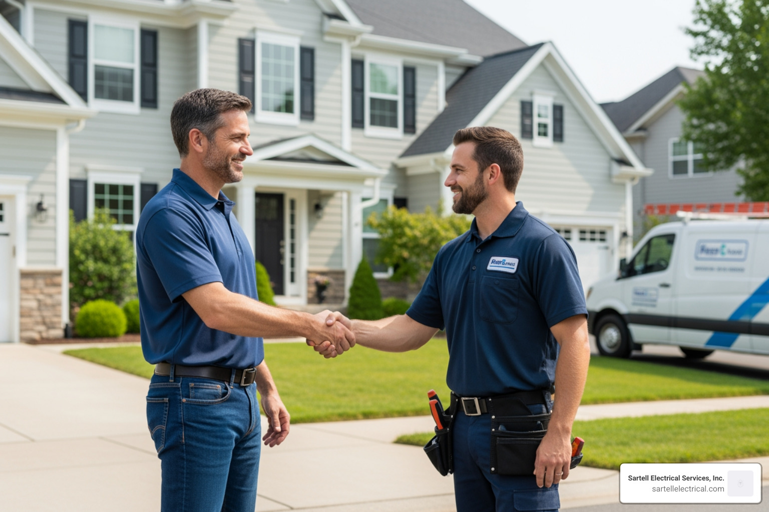 a homeowner shaking hands with a friendly, uniformed electrician - Andover MA electrician a homeowner shaking hands with a friendly, uniformed electrician - Andover MA electrician