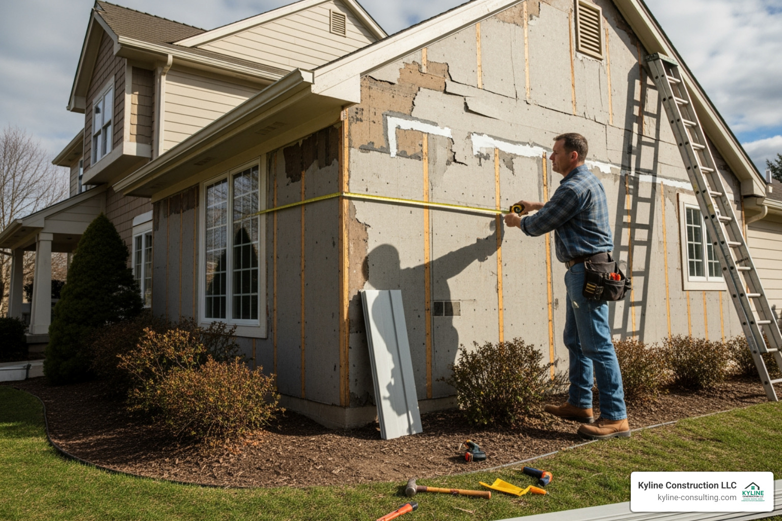 A contractor measuring an exterior wall for siding - cost per sq ft for vinyl siding