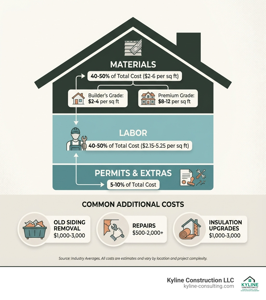 infographic showing vinyl siding cost breakdown: 40-50% materials ($2-6 per sq ft), 40-50% labor ($2.15-5.25 per sq ft), 5-10% permits and extras, with notation that builder's grade costs $2-4 per sq ft while premium grade costs $8-12 per sq ft, and common additional costs include old siding removal ($1,000-3,000), repairs ($500-2,000+), and insulation upgrades ($1,000-3,000) - cost per sq ft for vinyl siding infographic 