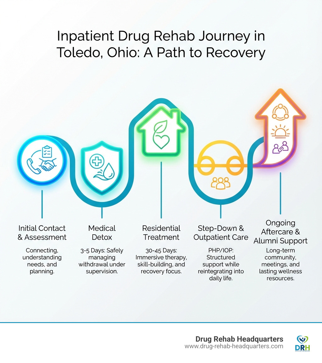 Infographic showing the journey from initial contact and assessment, through medical detox (3-5 days), residential treatment (30-45 days), step-down to PHP or IOP, outpatient care, and ongoing aftercare support including alumni programs and community meetings - inpatient drug rehab in toledo ohio infographic infographic-line-5-steps-elegant_beige