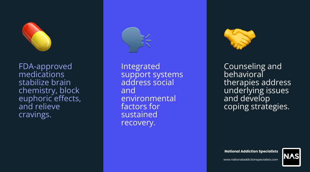 Infographic explaining the whole-patient approach of MAT, combining medication, counseling, and support - MAT program Virginia infographic 3_facts_emoji_blue