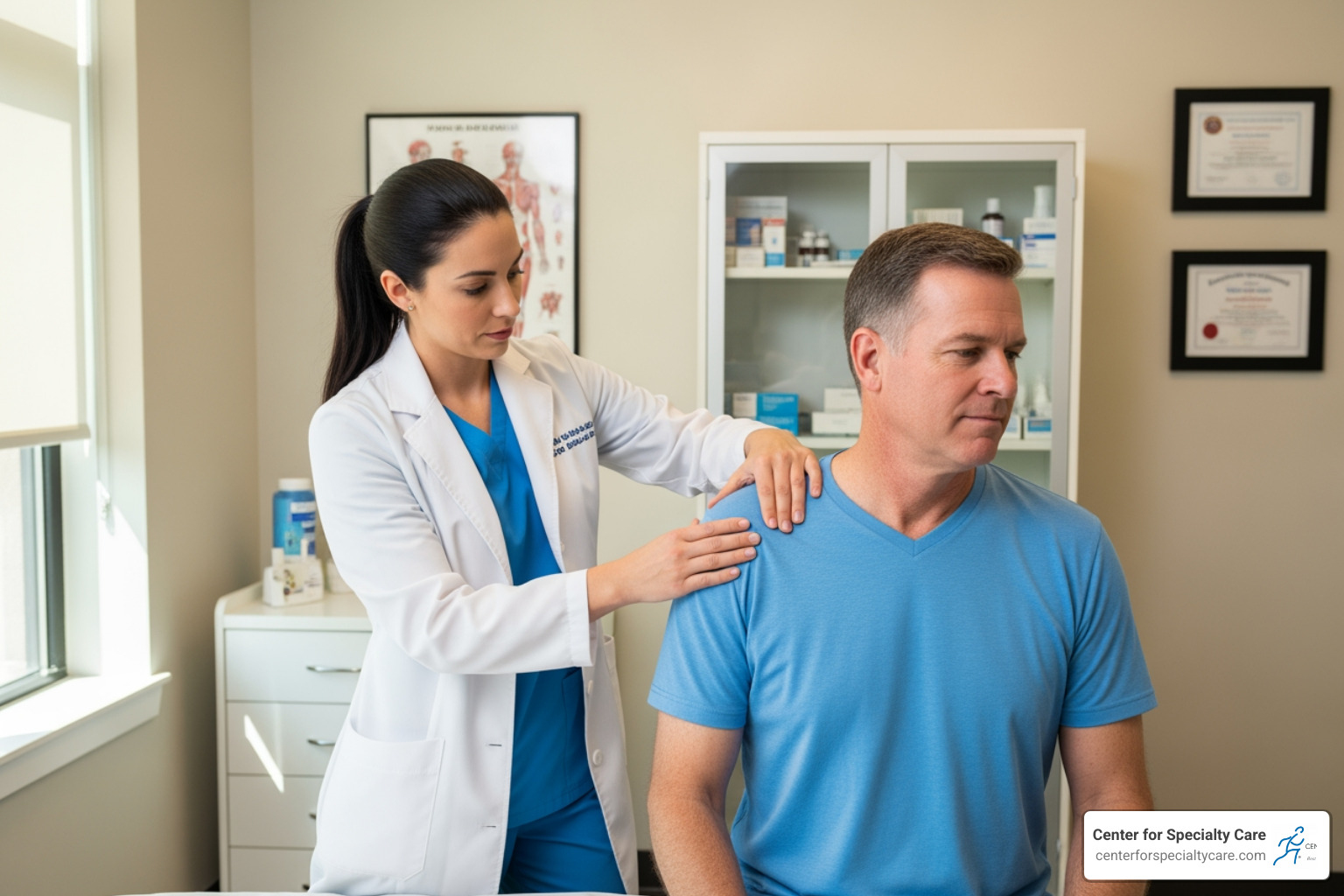 Doctor examining shoulder - Shoulder pain after injury