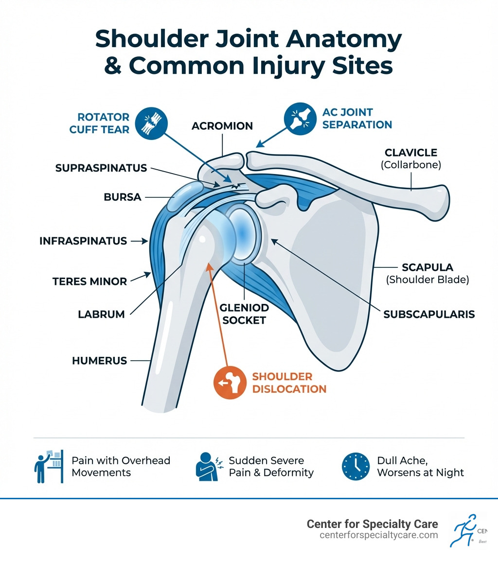 Infographic showing the anatomy of the shoulder joint, including the rotator cuff muscles (supraspinatus, infraspinatus, teres minor, and subscapularis), humerus bone, scapula (shoulder blade), clavicle (collarbone), acromion, bursa, glenoid socket, and labrum, with labels indicating common injury sites like rotator cuff tears, AC joint separation, and shoulder dislocation - Shoulder pain after injury infographic 