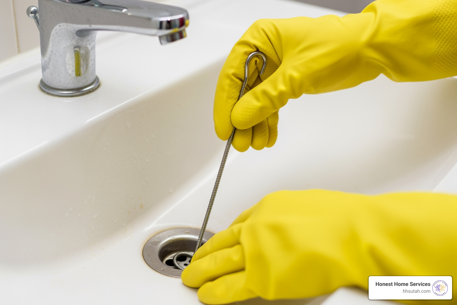 person's hands wearing rubber gloves, ready to work on a drain - Hair clog removal person's hands wearing rubber gloves, ready to work on a drain - Hair clog removal
