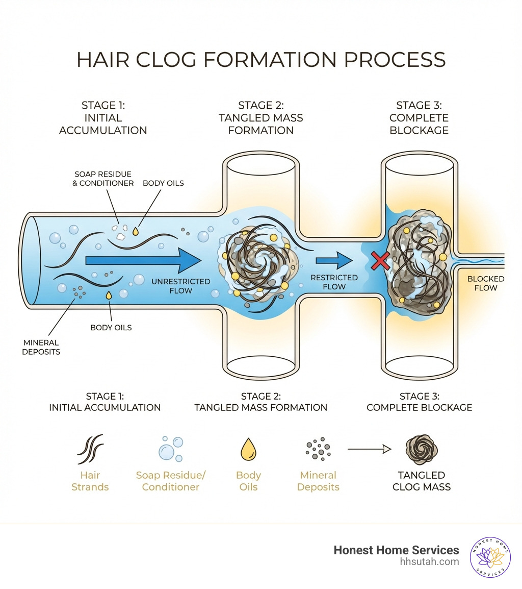 Infographic showing how hair strands mix with soap residue, conditioner, oils, and mineral deposits to form a tangled mass that gradually narrows pipe diameter until water flow becomes restricted or completely blocked - Hair clog removal infographic Infographic showing how hair strands mix with soap residue, conditioner, oils, and mineral deposits to form a tangled mass that gradually narrows pipe diameter until water flow becomes restricted or completely blocked - Hair clog removal infographic